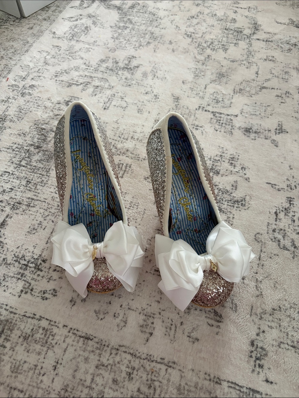 Irregular Choice Rose Gold & Silver Glitter Bow heels